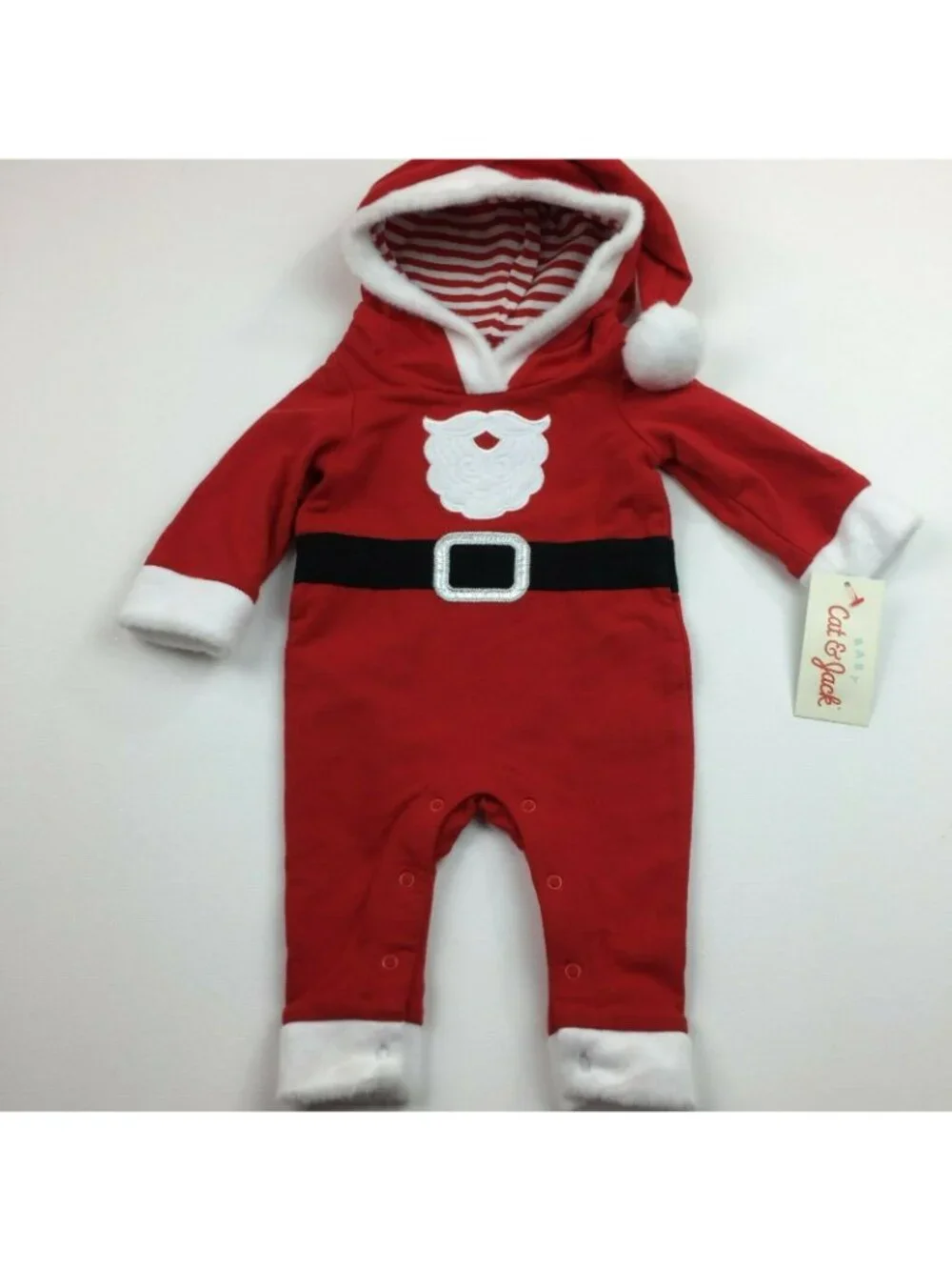 Cat & Jack Baby Boy Red Hooded Santa Suit Christmas One Piece Outfit Size 3-6 mo